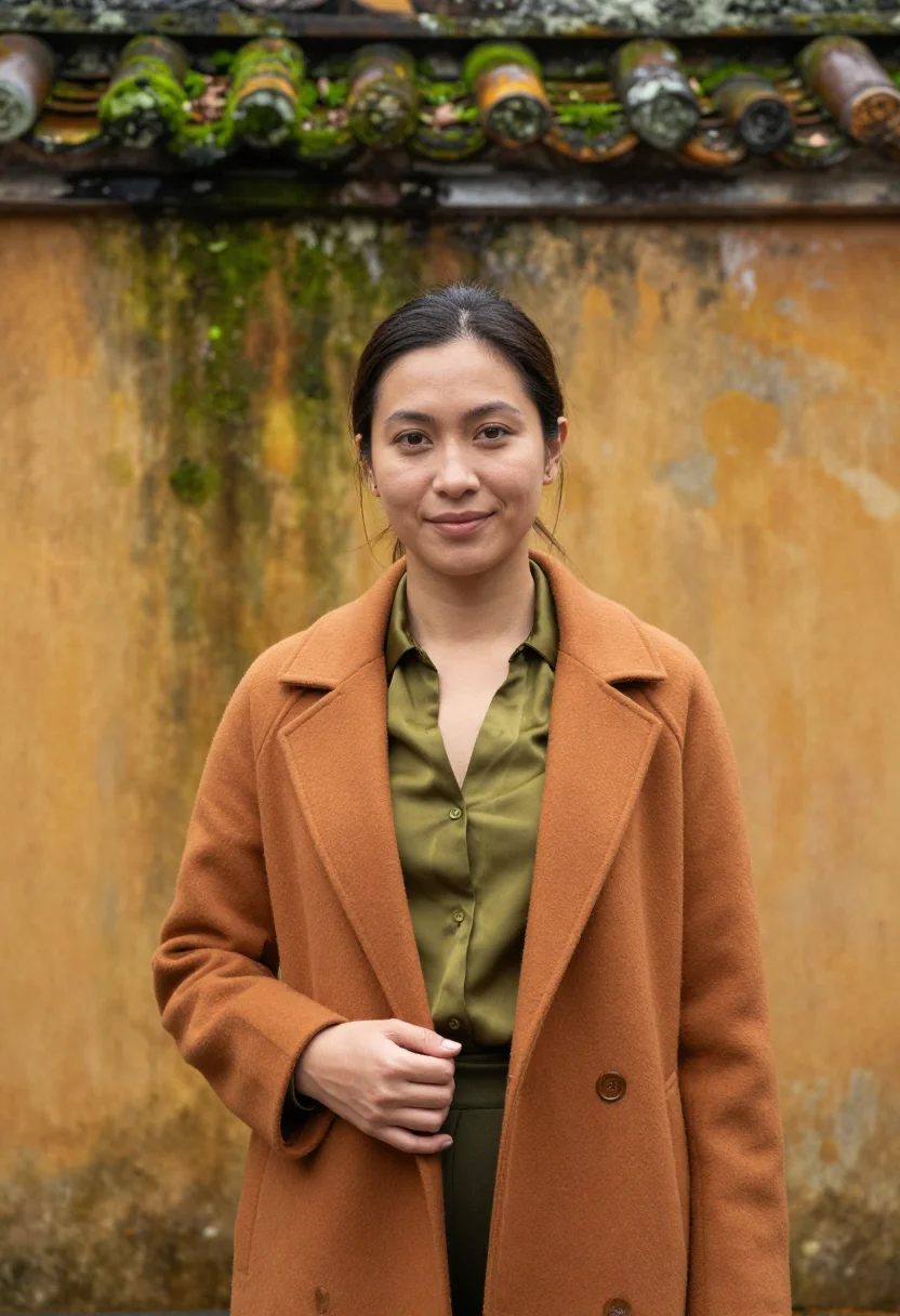 AI hue imperial conservator moss ochre sample — portrait of a woman, a conservator in her late thirties of F