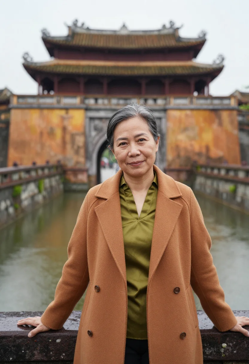 AI hue imperial conservator moss ochre sample — portrait of a woman, a conservator in her fifties of Vietnam