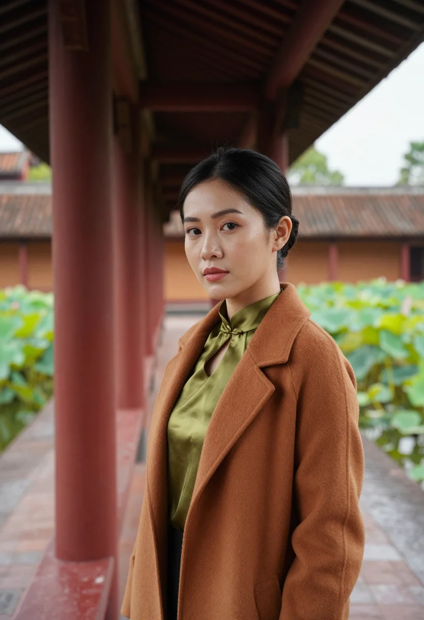 AI hue imperial conservator moss ochre sample — portrait of a woman, a conservator in her early thirties of