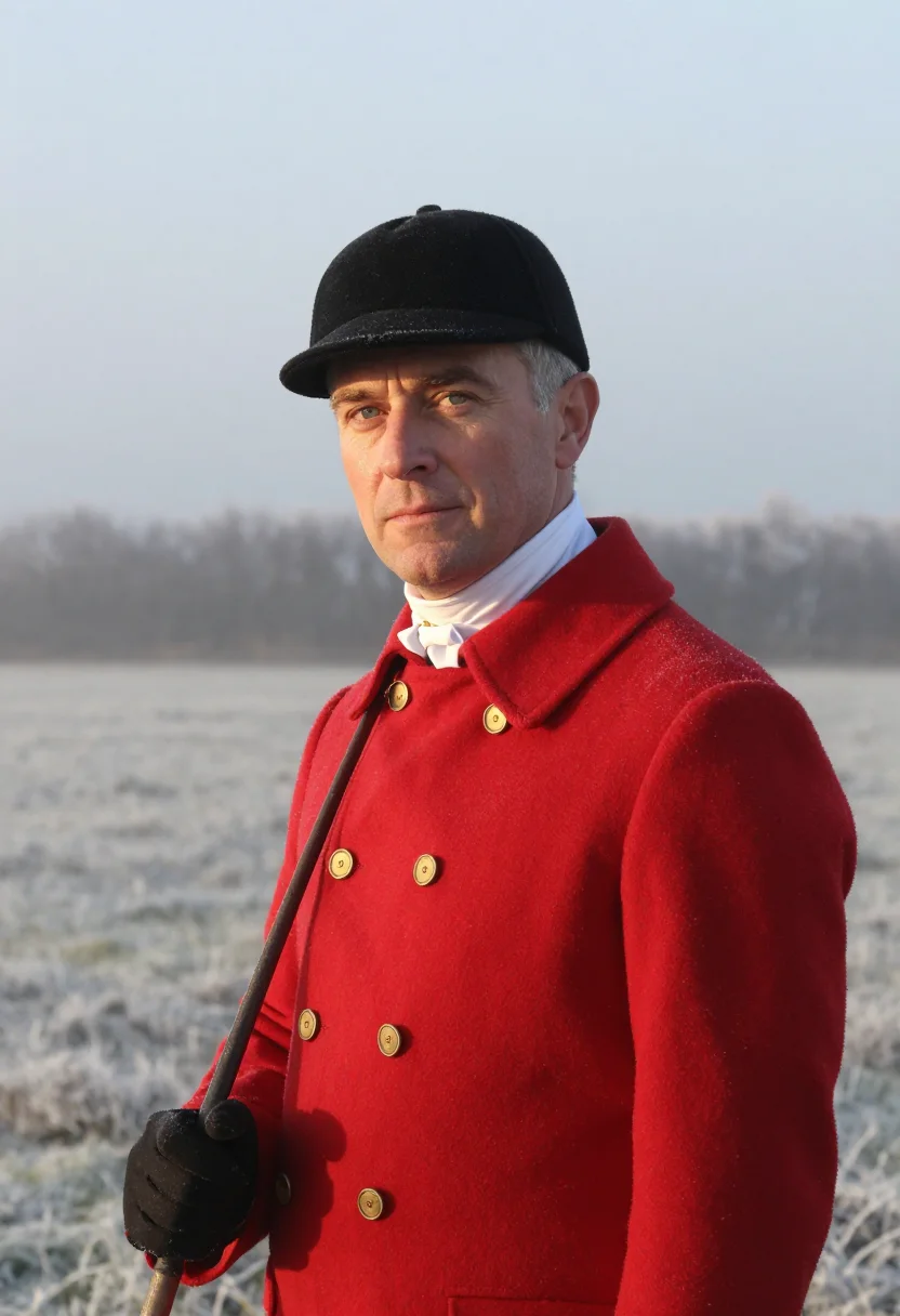 AI hunt morning scarlet frost sample — portrait of a man, framed chest-up from the crown to the bre