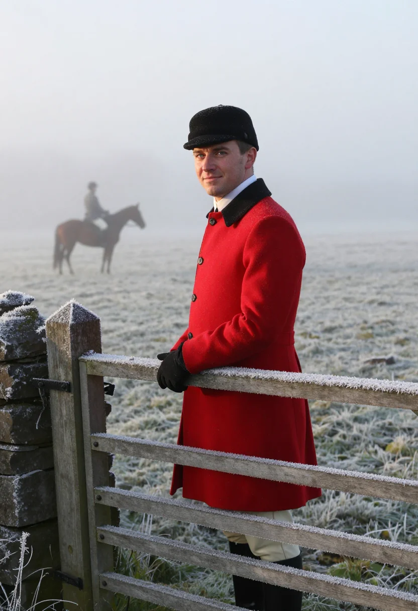 AI hunt morning scarlet frost sample — portrait of a man, framed chest-up from the crown to the bre