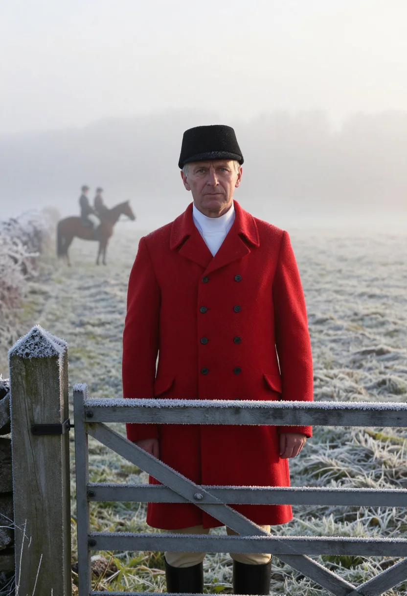 AI hunt morning scarlet frost sample — portrait of a man, framed tight, head and shoulders, the bod