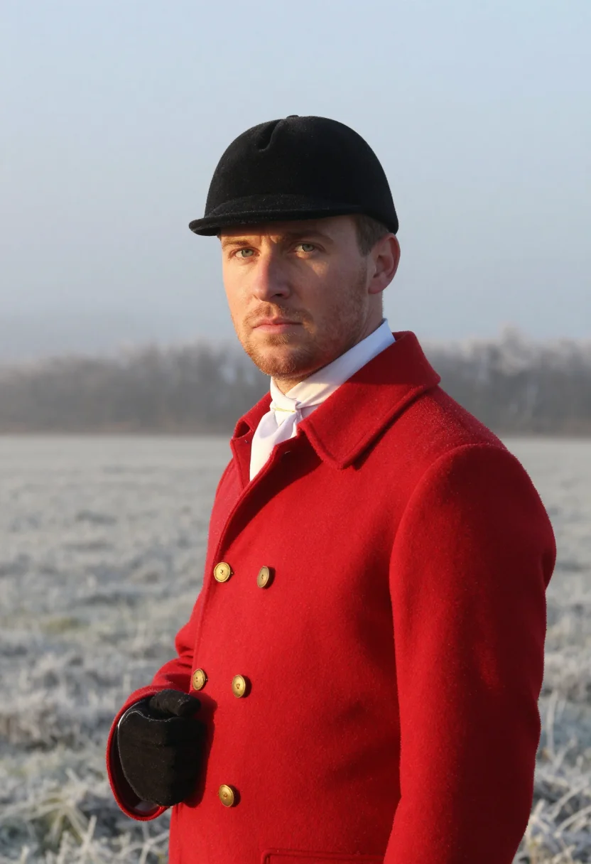 AI hunt morning scarlet frost sample — portrait of a man, framed chest-up from the crown to the bre