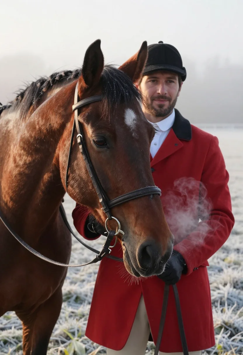 AI hunt morning scarlet frost sample — portrait of a man, framed tight, head and shoulders, the bod