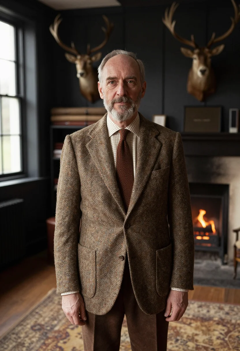 AI huntsman savile row tweed shooting brown men sample — portrait of a man, a Welsh man in his mid-fifties with weath