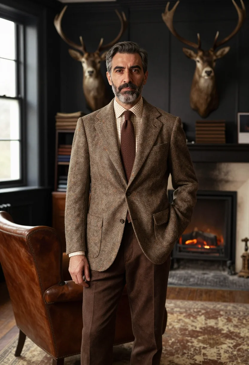 AI huntsman savile row tweed shooting brown men sample — portrait of a man, an Italian man in his early fifties with