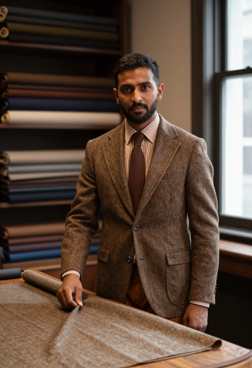 AI huntsman savile row tweed shooting brown men sample — portrait of a man, a British-Pakistani man in his early fort