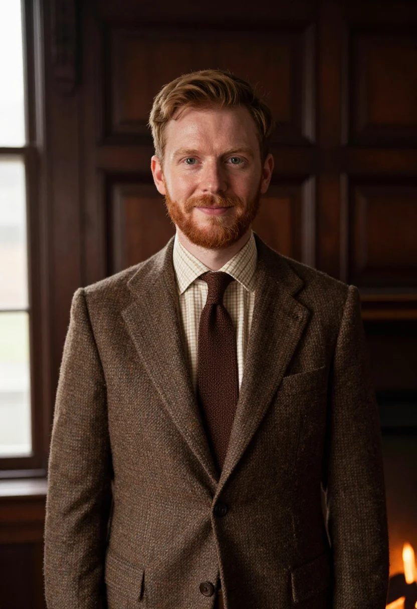 AI huntsman savile row tweed shooting brown men sample — portrait of a man, a Scottish man in his late thirties with