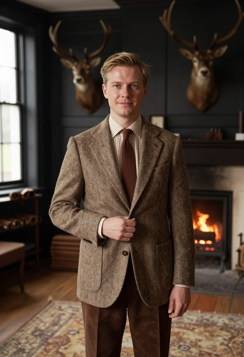 AI huntsman savile row tweed shooting brown men sample — portrait of a man, a German man in his mid-thirties with fai