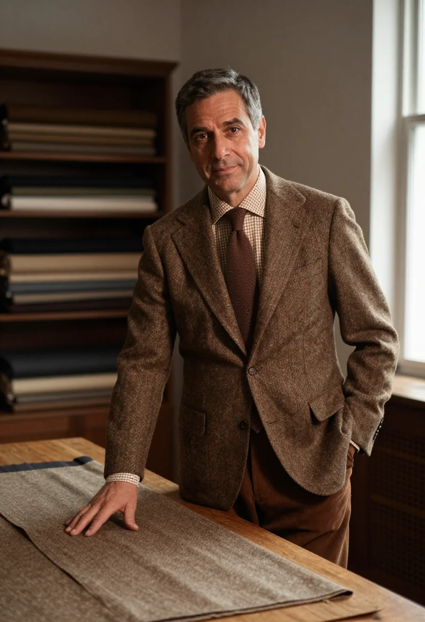 AI huntsman savile row tweed shooting brown men sample — portrait of a man, a French man in his late forties with oli