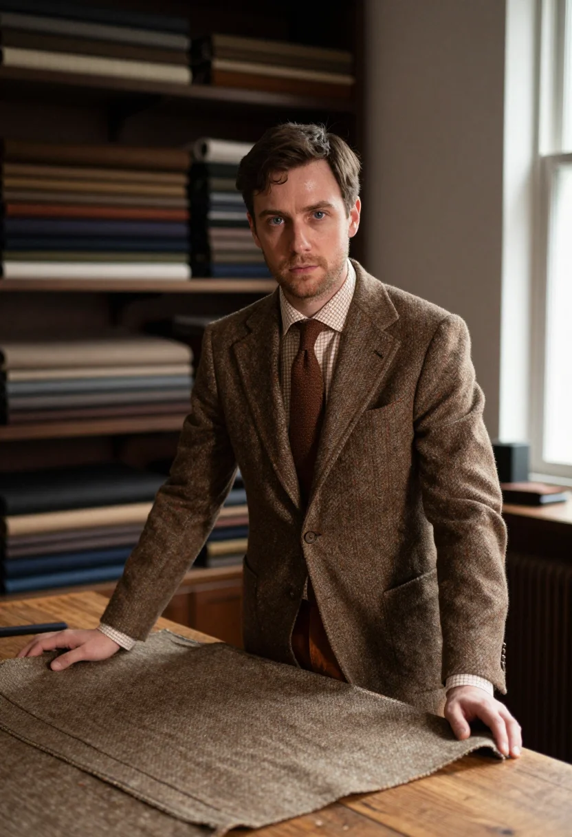 AI huntsman savile row tweed shooting brown men sample — portrait of a man, an Irish man in his early thirties with p