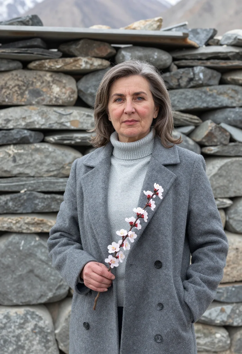 AI hunza valley physician apricot blossom sample — portrait of a woman, a physician in her fifties with rosy fa