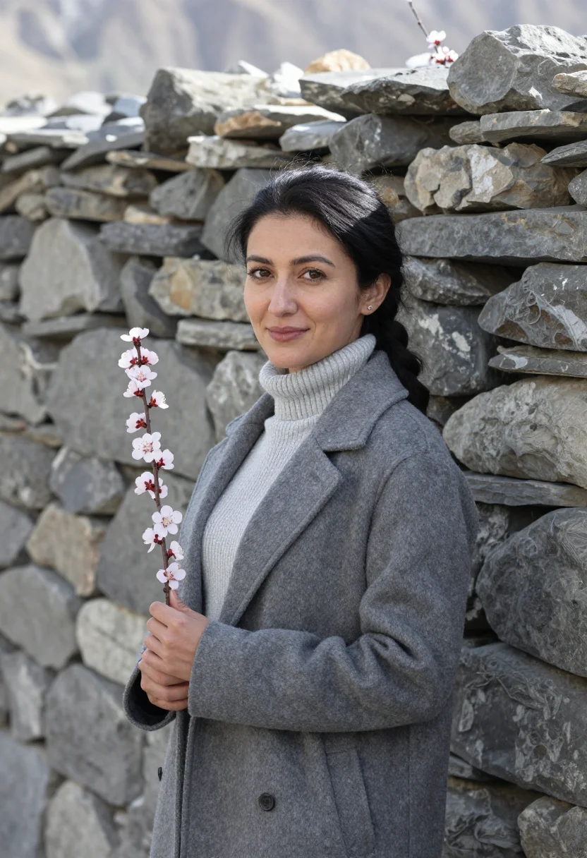 AI hunza valley physician apricot blossom sample — portrait of a woman, a physician in her early forties with w
