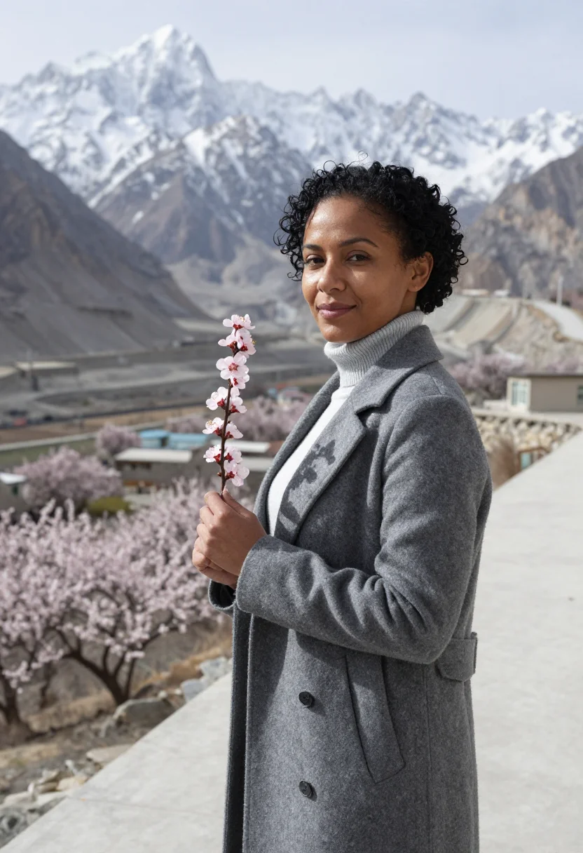 AI hunza valley physician apricot blossom sample — portrait of a woman, a physician in her mid-thirties with de