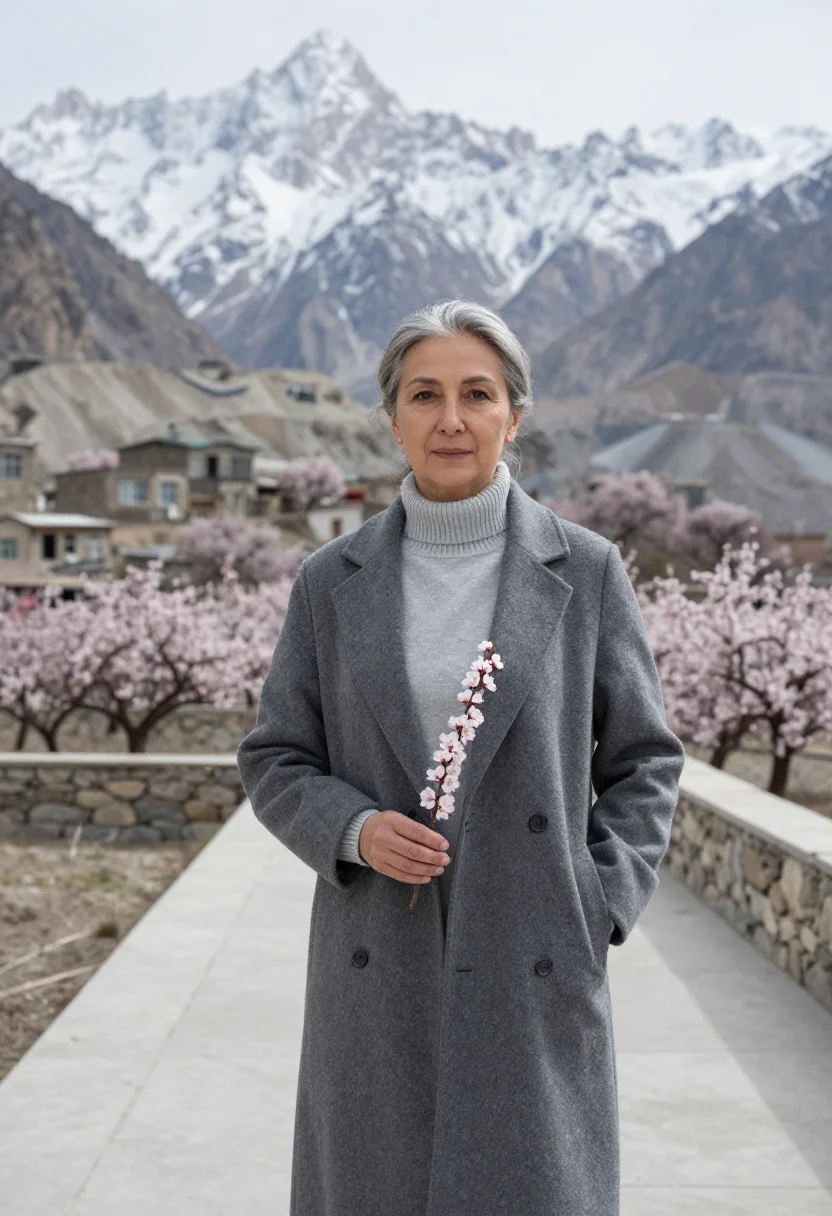 AI hunza valley physician apricot blossom sample — portrait of a woman, a physician in her fifties with olive s