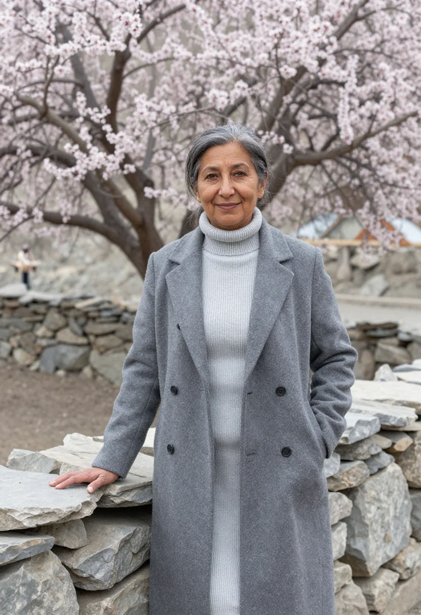 AI hunza valley physician apricot blossom sample — portrait of a woman, a physician in her late forties with wa