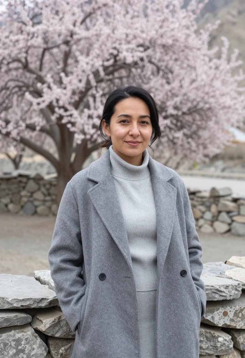 AI hunza valley physician apricot blossom sample — portrait of a woman, a physician in her mid-thirties with go