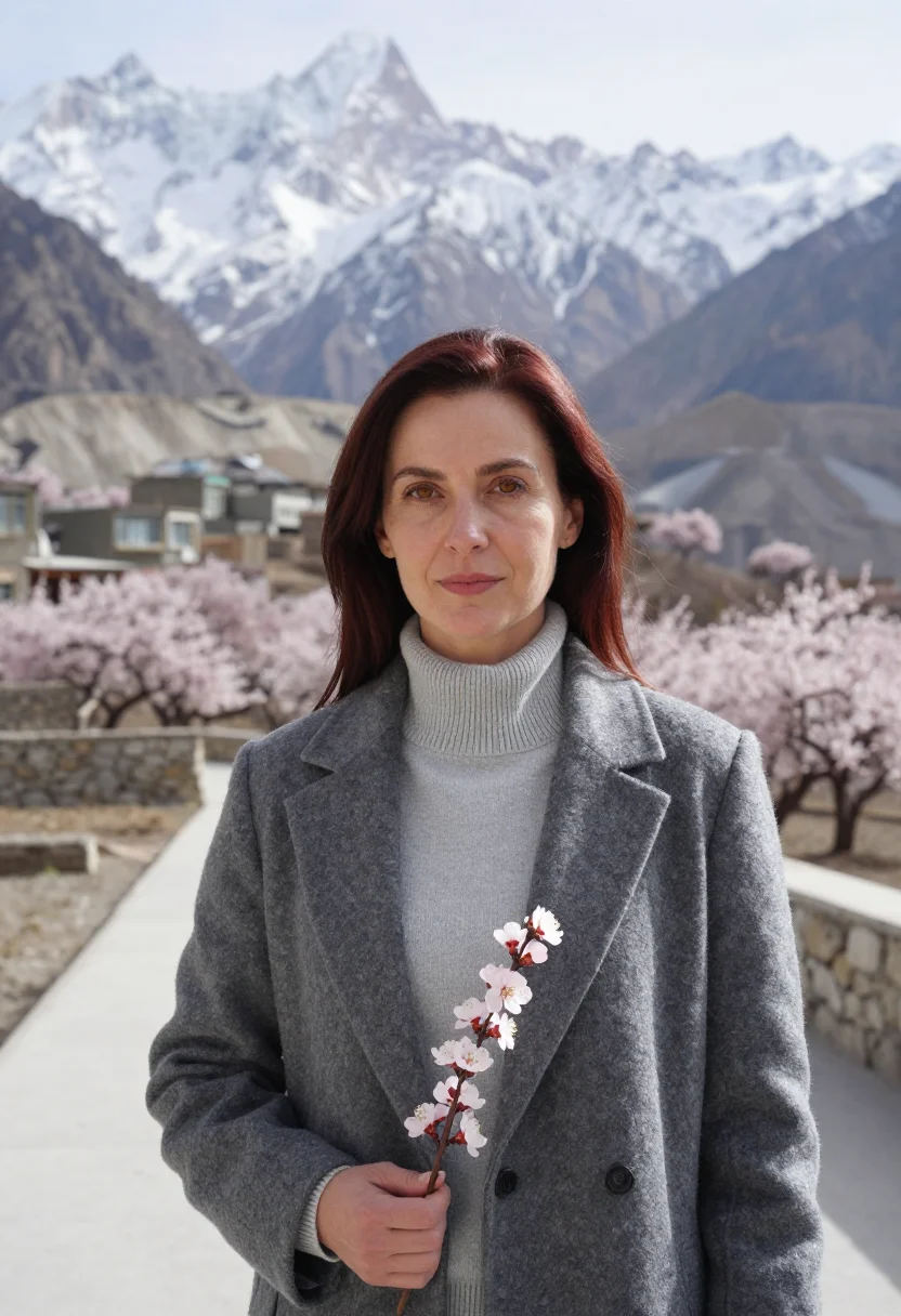 AI hunza valley physician apricot blossom sample — portrait of a woman, a physician in her early forties with f