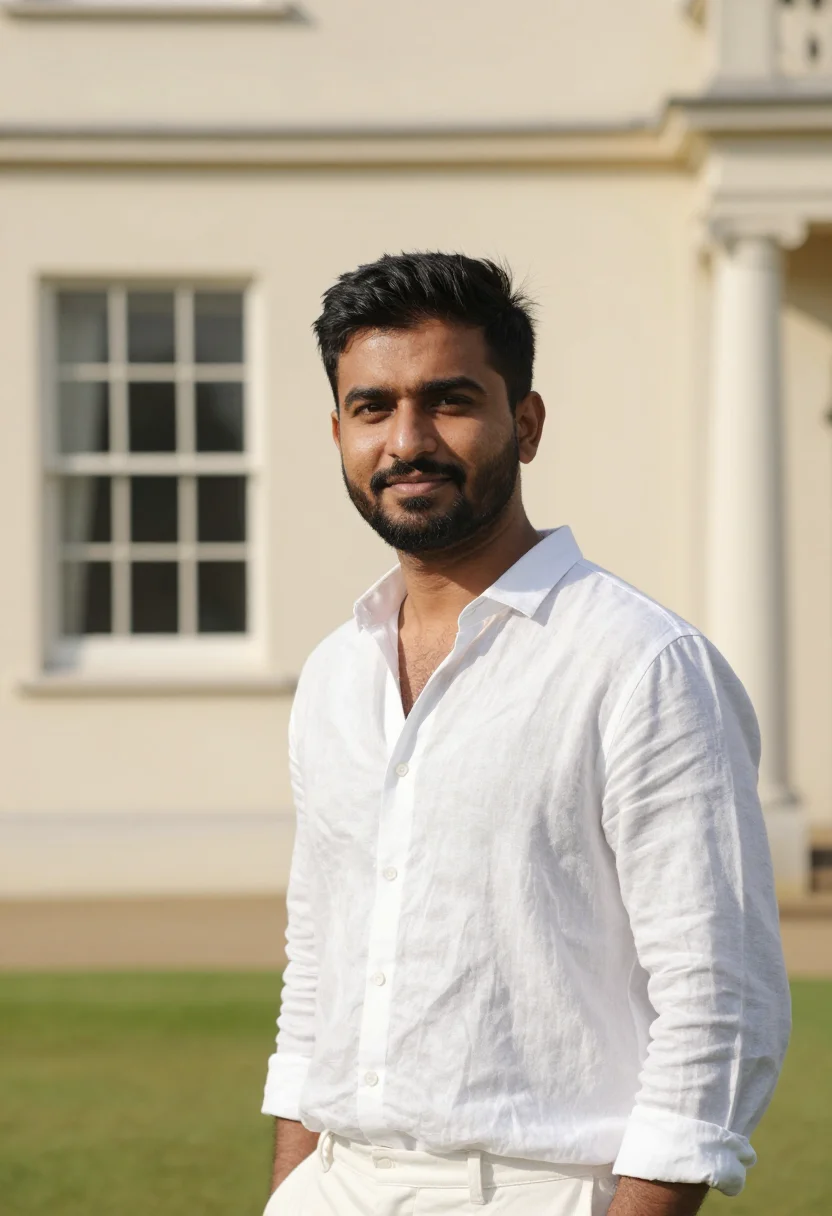 AI hurlingham club fulham croquet lawn white sample — portrait of a man, a British-Indian club member in his early