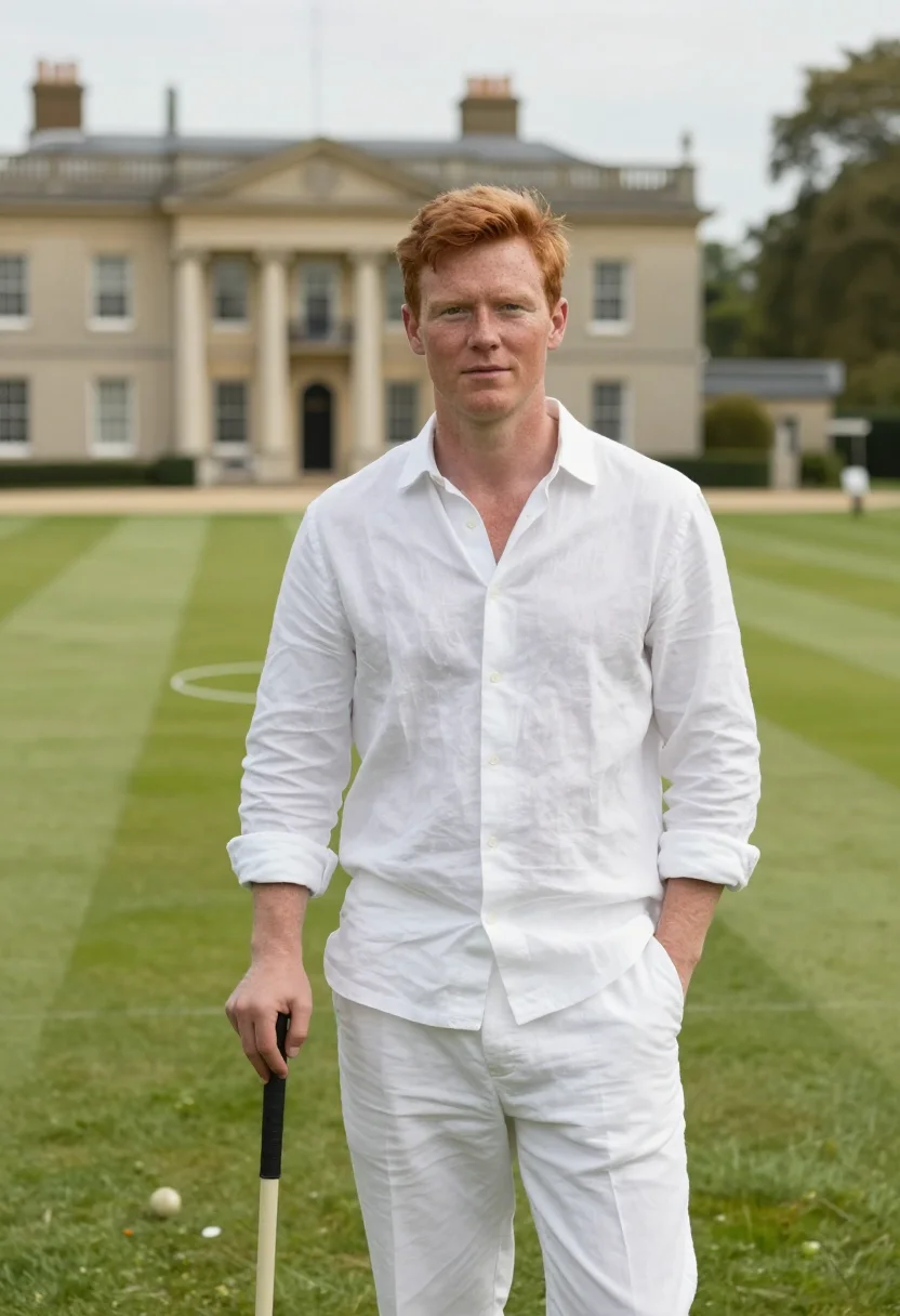AI hurlingham club fulham croquet lawn white sample — portrait of a man, an Irish club member in his early thirtie