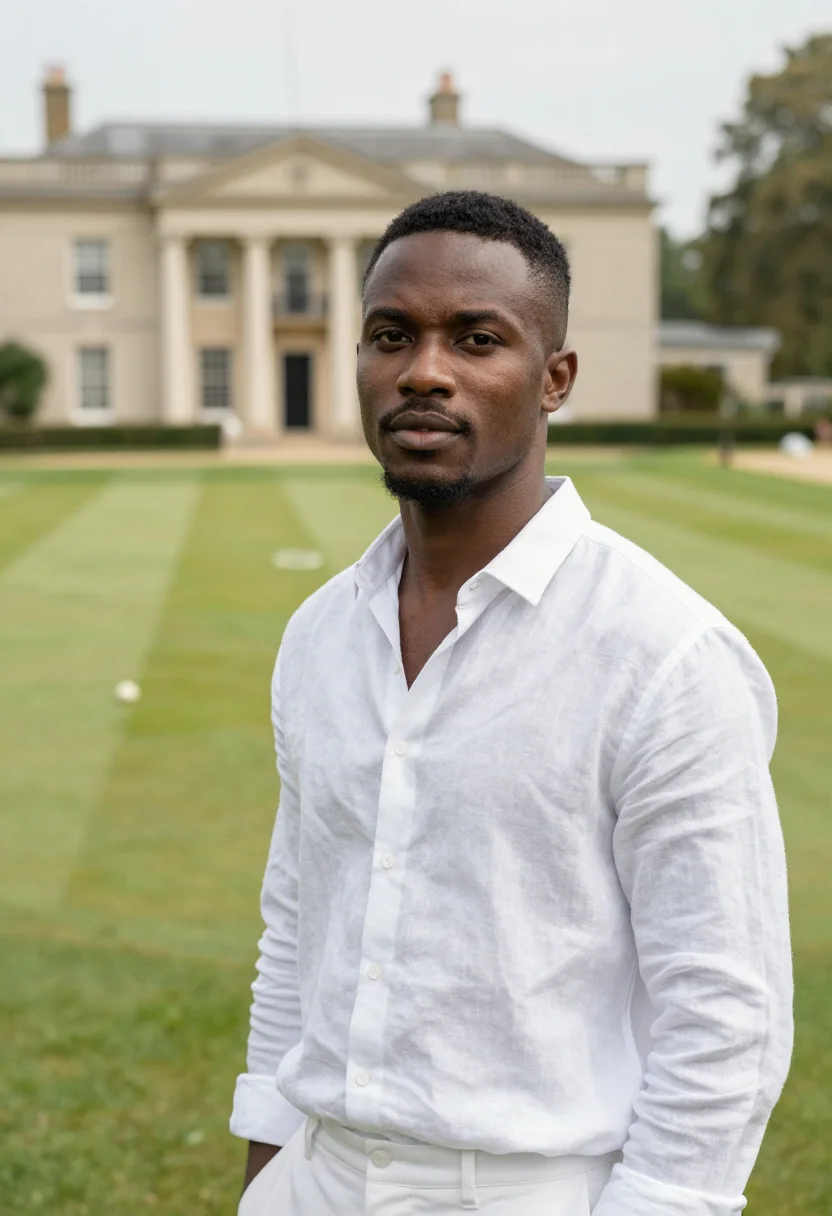 AI hurlingham club fulham croquet lawn white sample — portrait of a man, a Nigerian-British club member in his lat