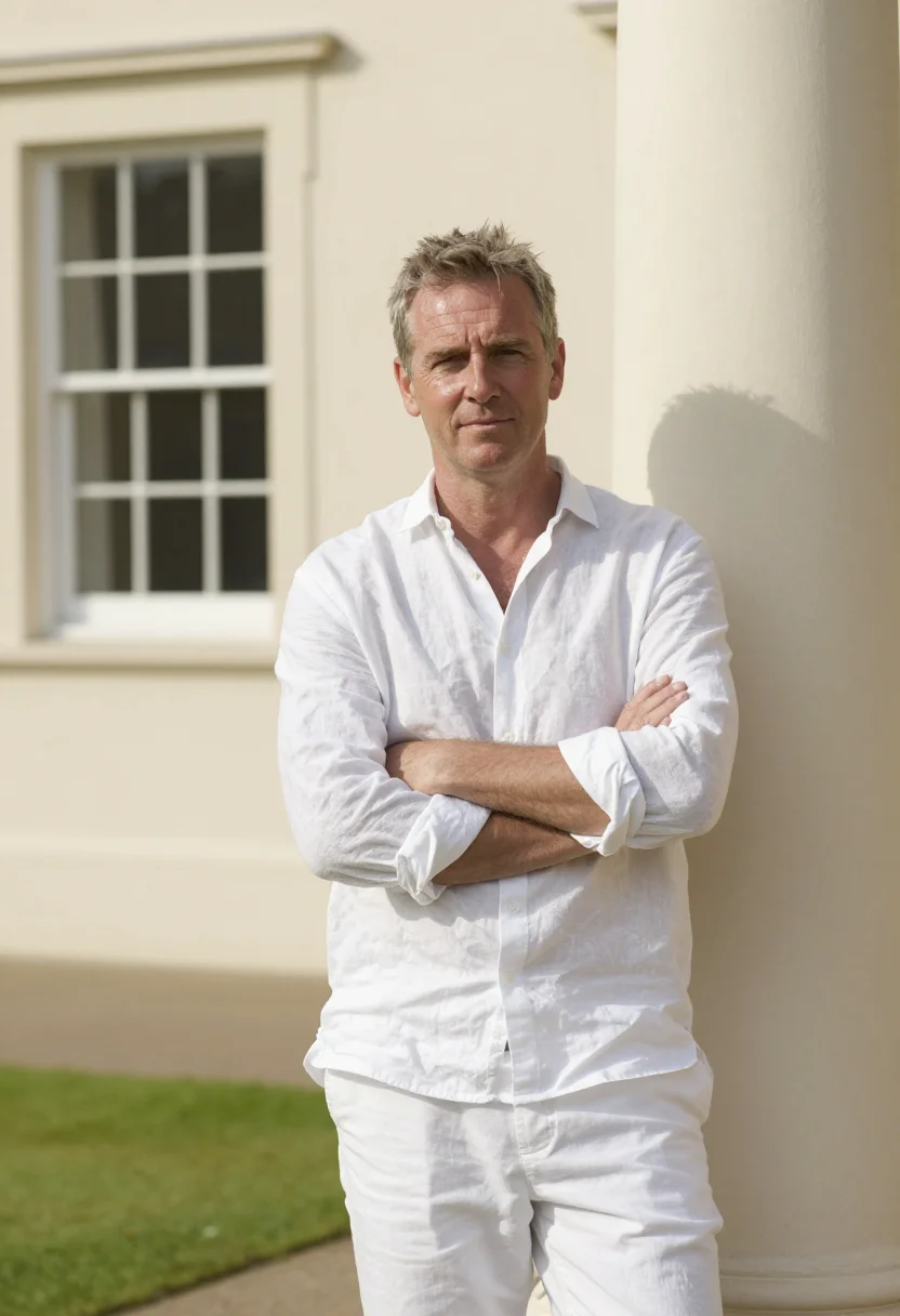 AI hurlingham club fulham croquet lawn white sample — portrait of a man, a Scottish club member in his late fortie