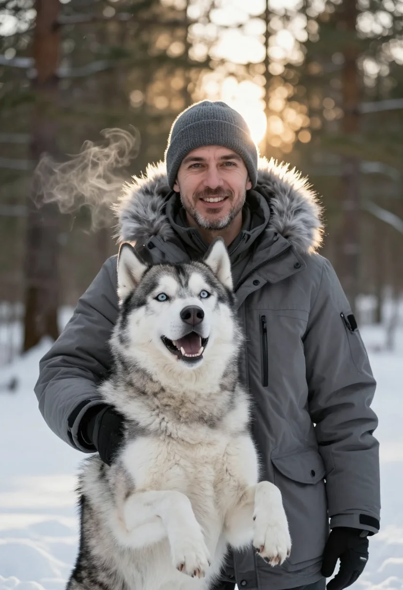 AI husky walk grey sample — portrait of a man, chest-up three-quarter portrait of a West