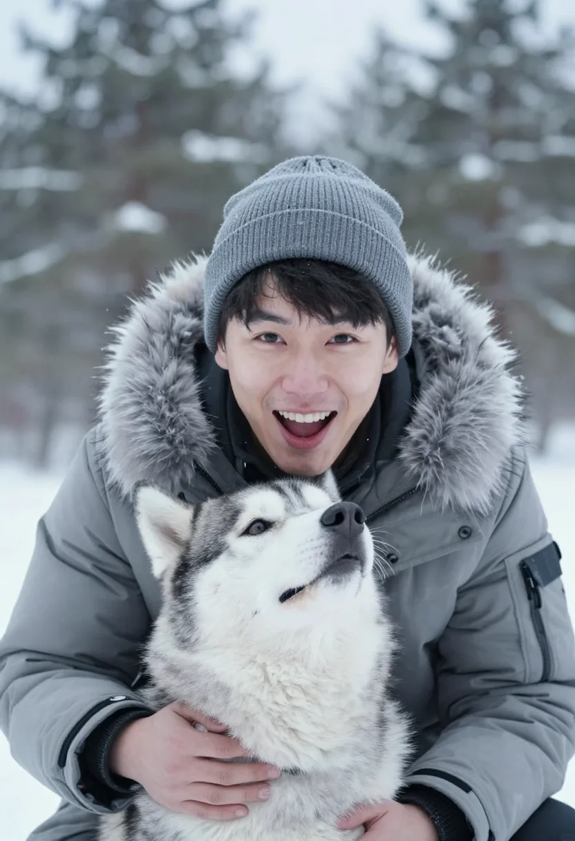 AI husky walk grey sample — portrait of a man, head-and-shoulders portrait of an East-As