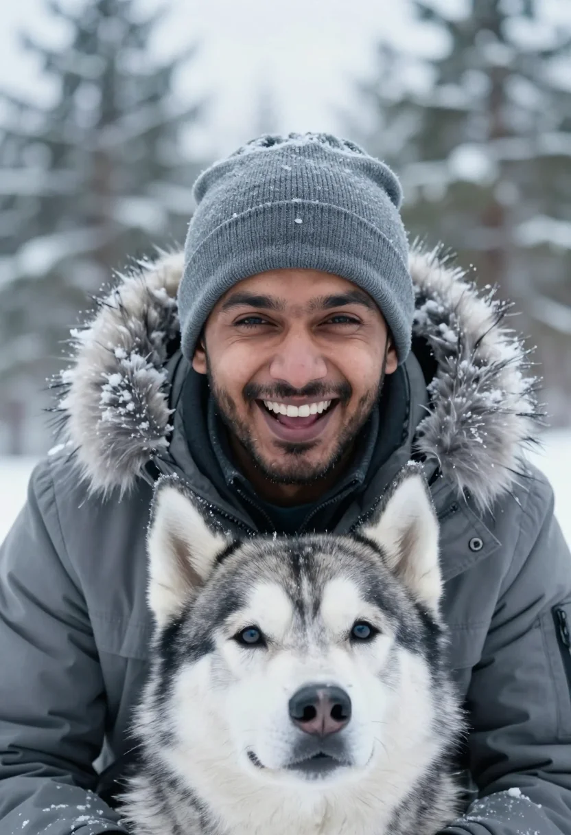 AI husky walk grey sample — portrait of a man, tight headshot of a South-Asian man in hi