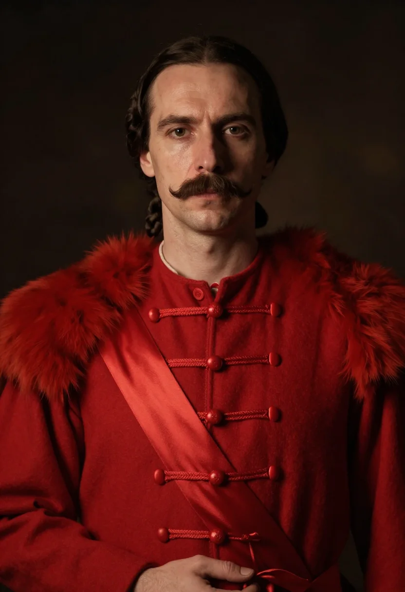AI hussard ecarlate sample — portrait of a man, a Western-European man in his forties wit