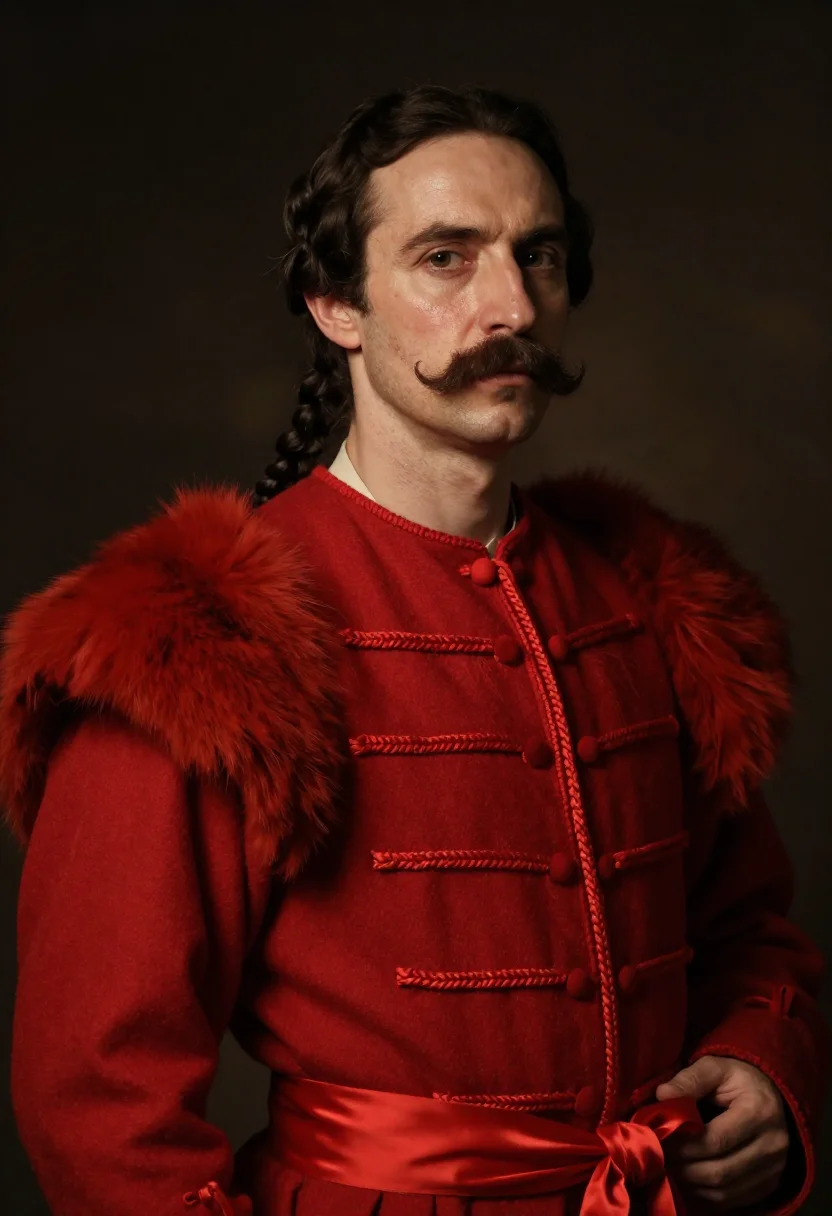 AI hussard ecarlate sample — portrait of a man, a Western-European man in his forties wit