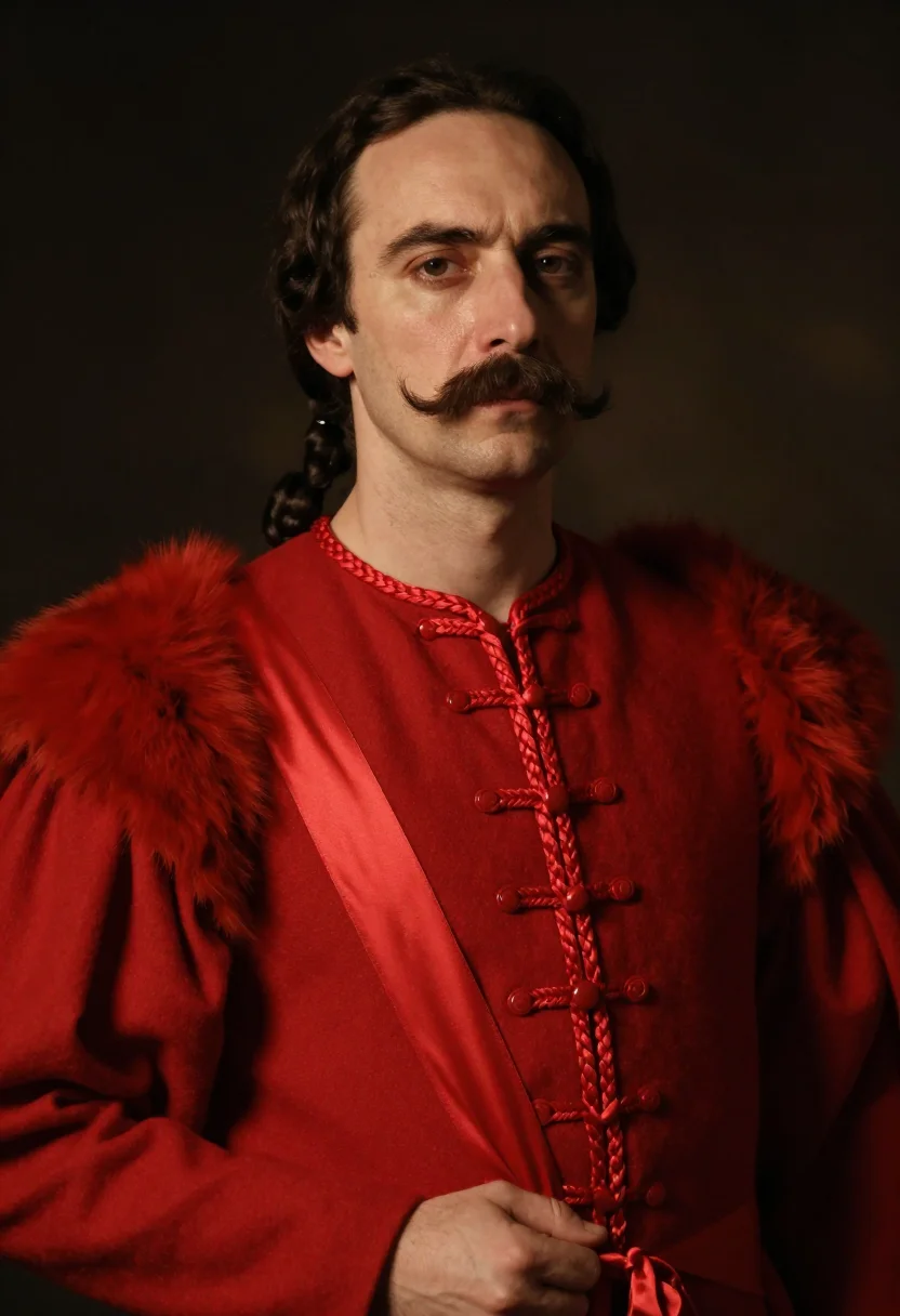 AI hussard ecarlate sample — portrait of a man, a Western-European man in his forties wit
