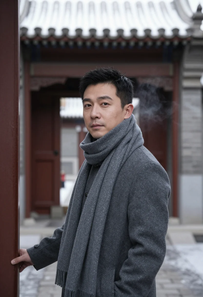 AI hutong grey sample — portrait of a man, framed chest-up, a Chinese man in his for