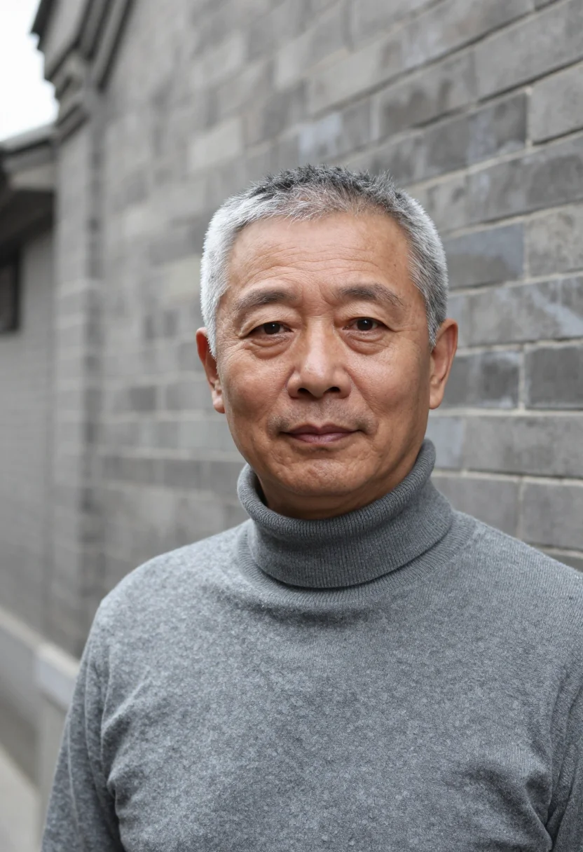 AI hutong grey sample — portrait of a man, framed as a tight headshot, a Chinese man