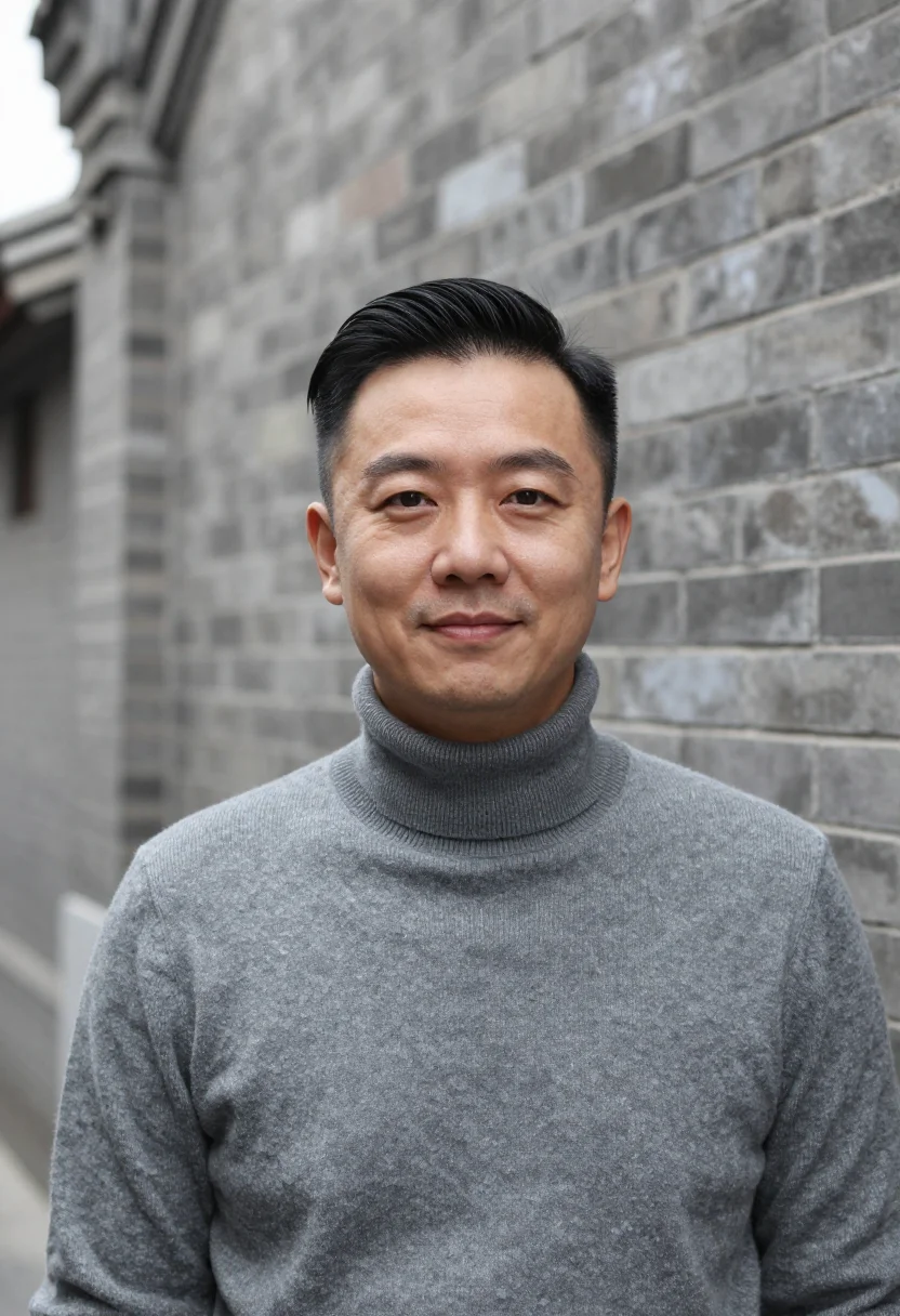 AI hutong grey sample — portrait of a man, framed head and shoulders, a Chinese man