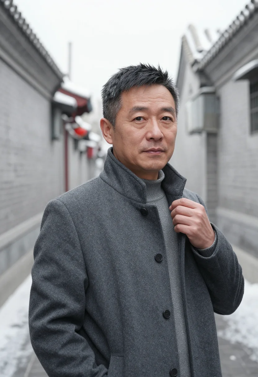 AI hutong grey sample — portrait of a man, framed chest-up, a Chinese man in his fif
