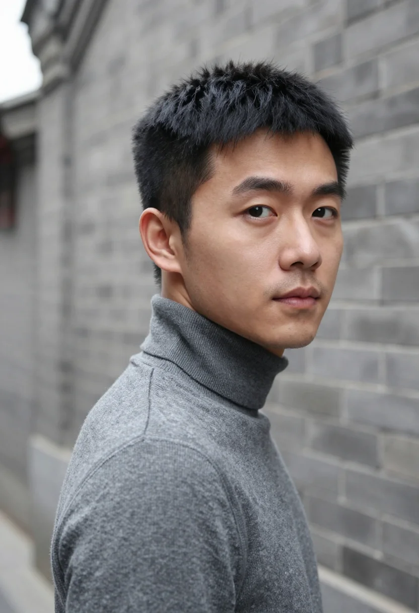 AI hutong grey sample — portrait of a man, framed as a tight headshot, a Chinese man