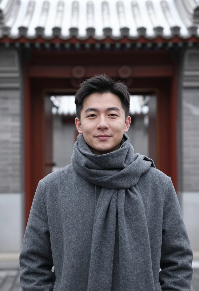 AI hutong grey sample — portrait of a man, framed head and shoulders, a Chinese man