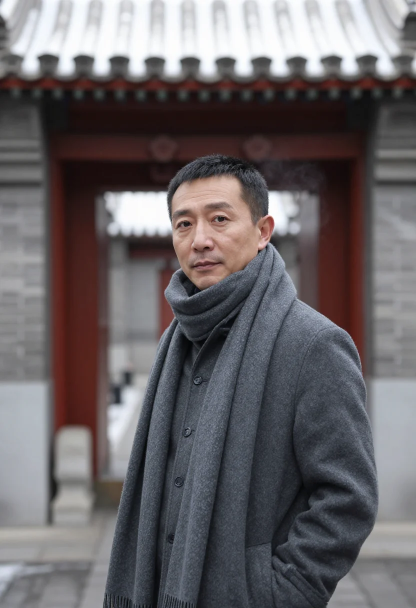 AI hutong grey sample — portrait of a man, framed chest-up, a Chinese man in his fif