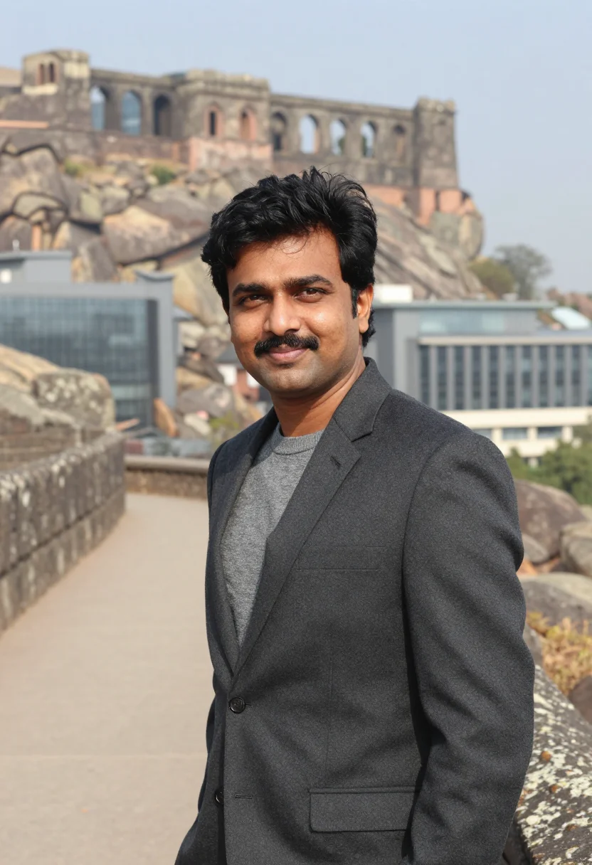 AI hyderabad pharma ceo granite grey sample — portrait of a man, a Telugu pharmaceutical executive in his