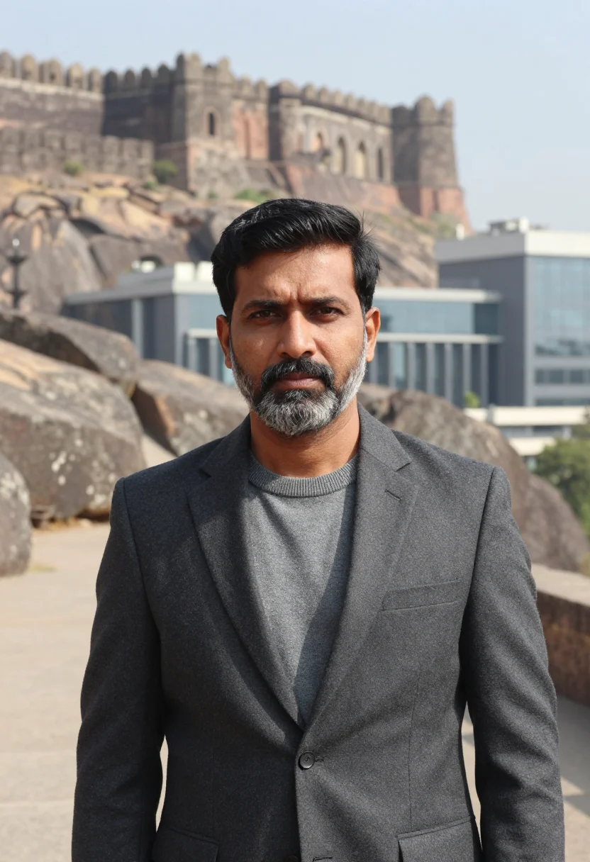 AI hyderabad pharma ceo granite grey sample — portrait of a man, a Deccani pharmaceutical executive in his