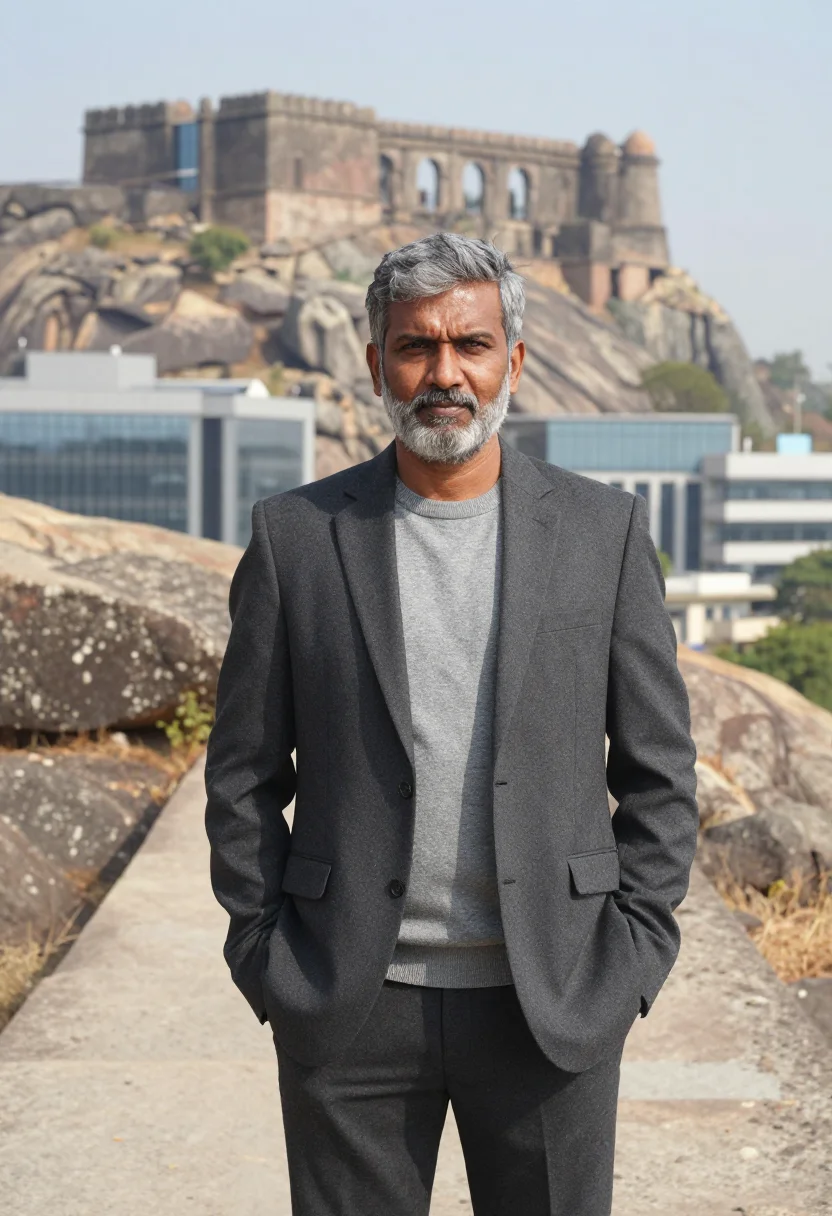 AI hyderabad pharma ceo granite grey sample — portrait of a man, a Malayali pharmaceutical executive in hi