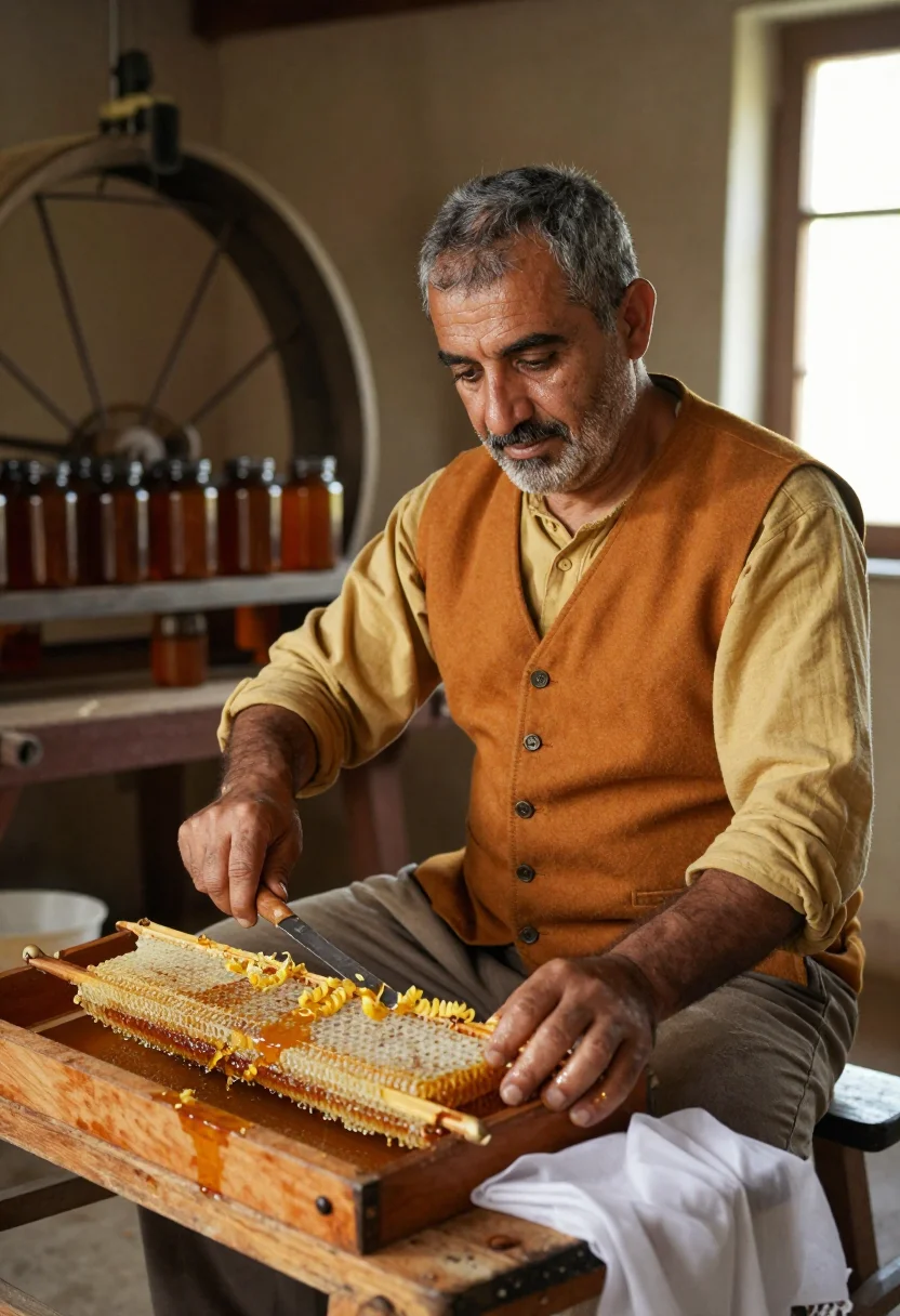 AI hymettus honey sample — portrait of a man, a Greek man in his fifties with deep oliv
