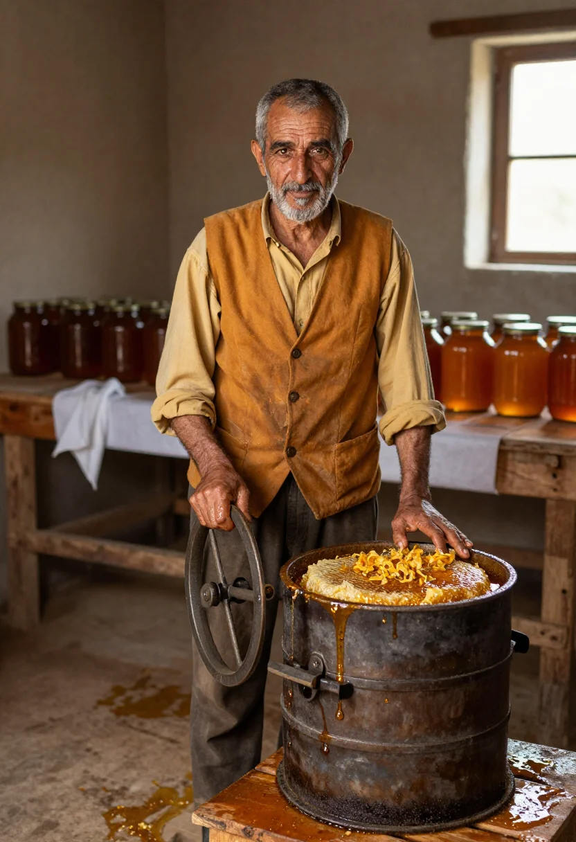 AI hymettus honey sample — portrait of a man, a Greek man in his sixties with weathered