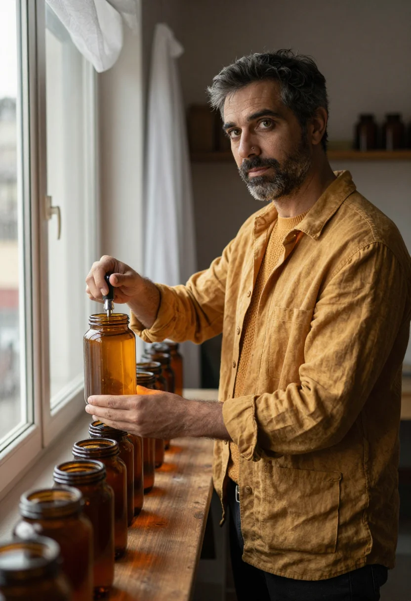 AI hymettus honey sample — portrait of a man, a man in his forties with olive skin, haz