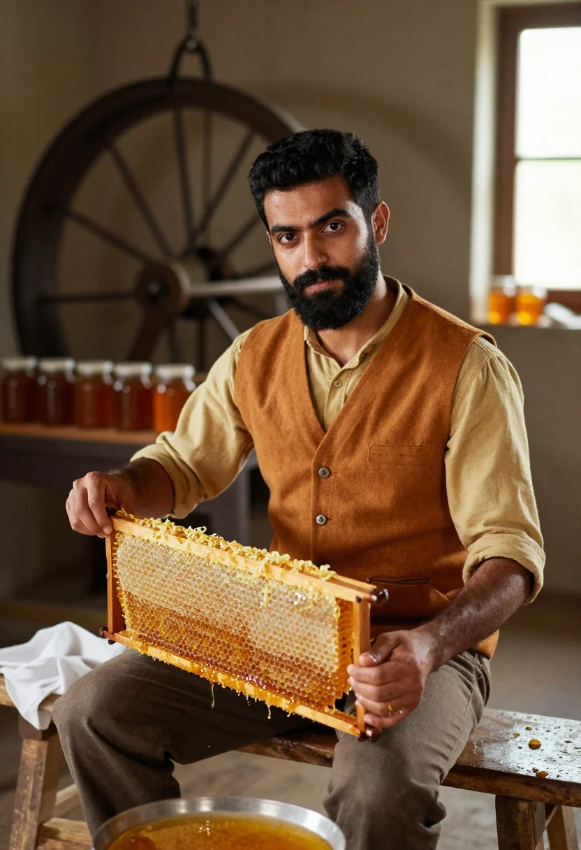 AI hymettus honey sample — portrait of a man, a man in his thirties with olive skin, da