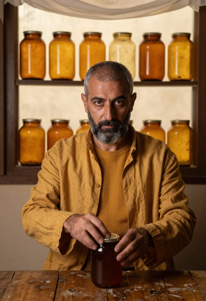 AI hymettus honey sample — portrait of a man, a Greek man in his fifties with warm oliv
