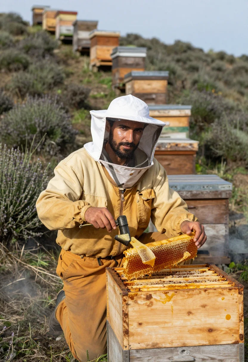 AI hymettus honey sample — portrait of a man, a man in his forties with warm olive skin