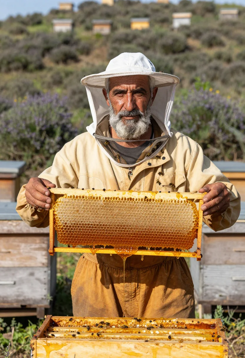 AI hymettus honey sample — portrait of a man, a Greek man in his sixties with weathered