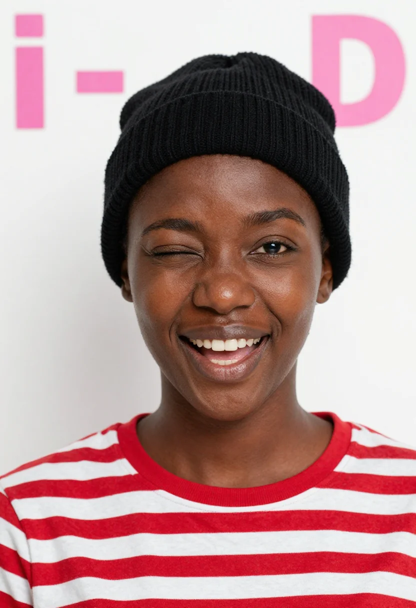 AI i d wink cover sample — tight head-and-shoulders portrait of a woman of West-African